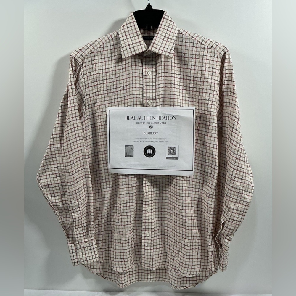Vintage Burberry London Mens 15R Woven Pique Check Button Up Shirt Made In USA